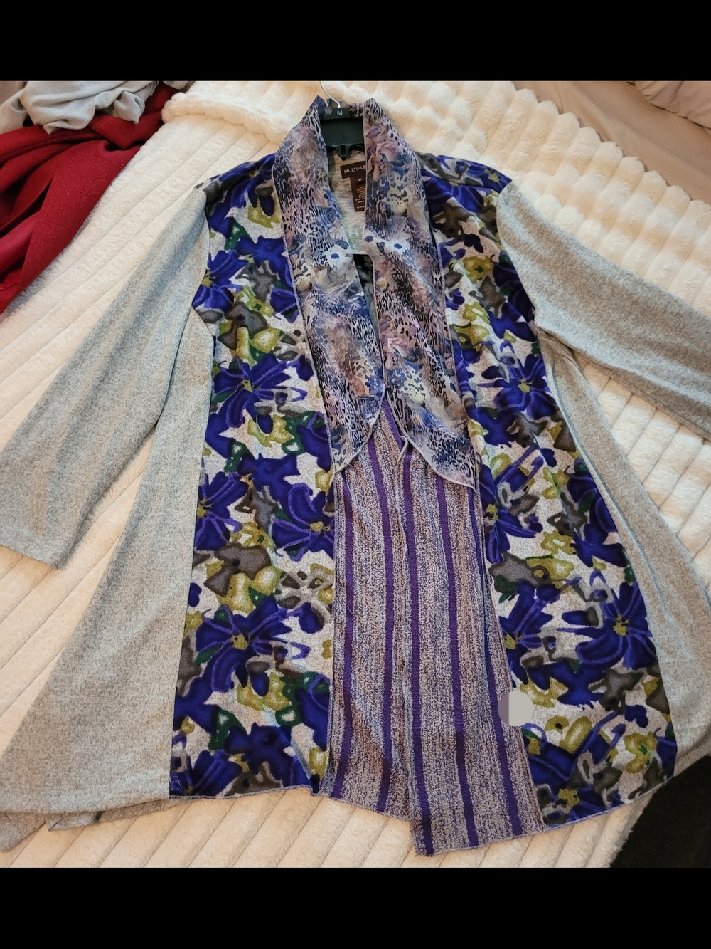 Mixed Print Open Front Cardigan with Scarf - Gray & Purple